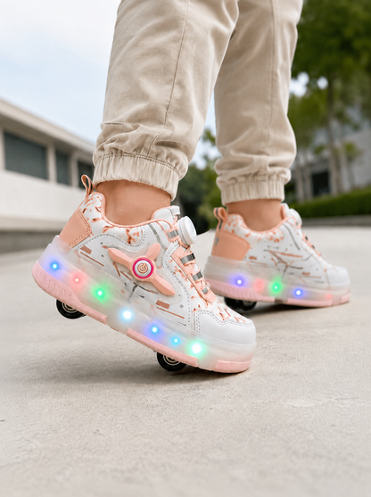 Kız Çocuk Işıklı Patenli Ayakkabı Pudra Pembe – Tak Çıkar Tekerlekli LED Spor Ayakkabı Otomatik Bağcıklı Sneaker