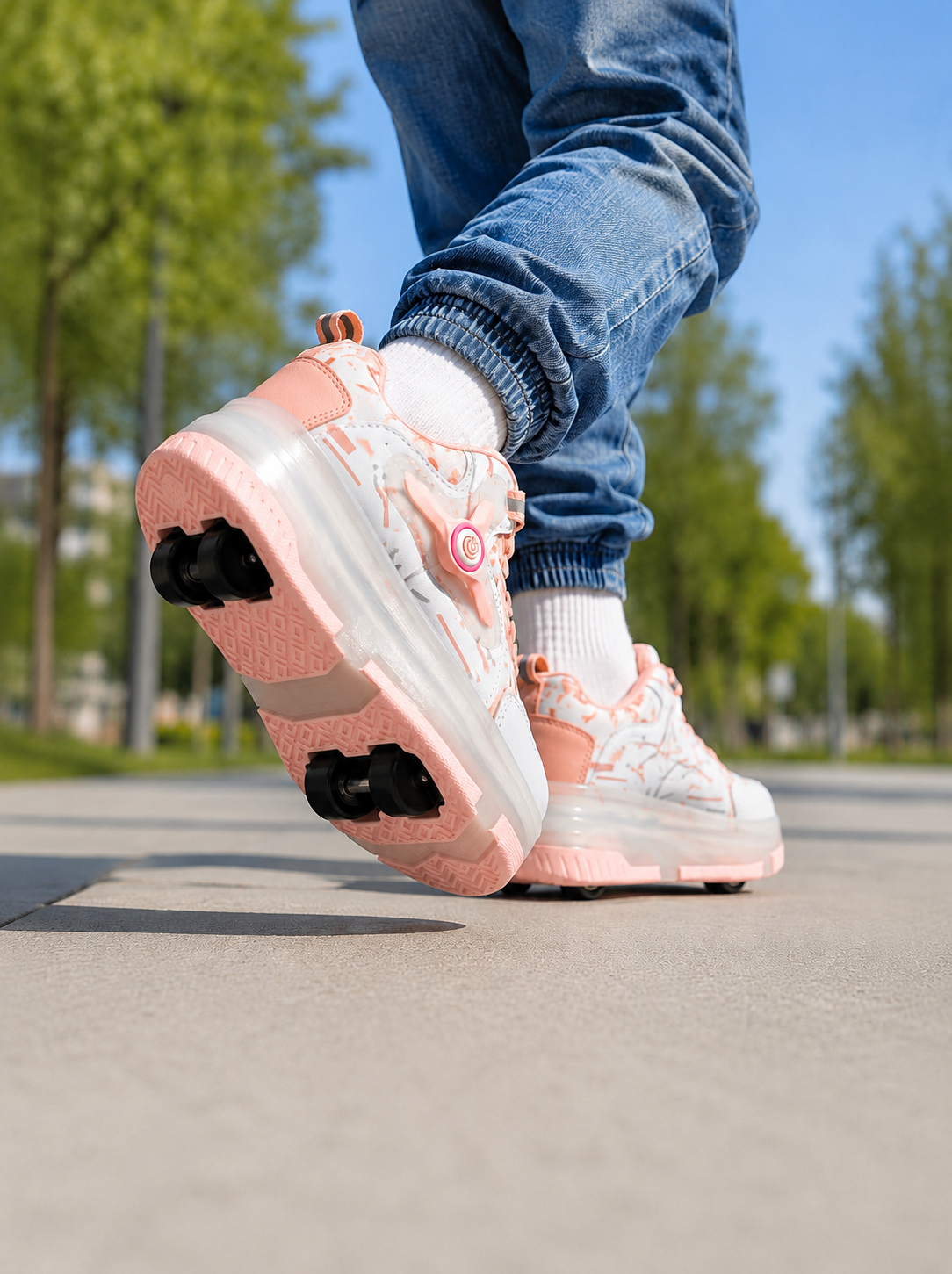 Kız Çocuk Işıklı Patenli Ayakkabı Pudra Pembe – Tak Çıkar Tekerlekli LED Spor Ayakkabı Otomatik Bağcıklı Sneaker