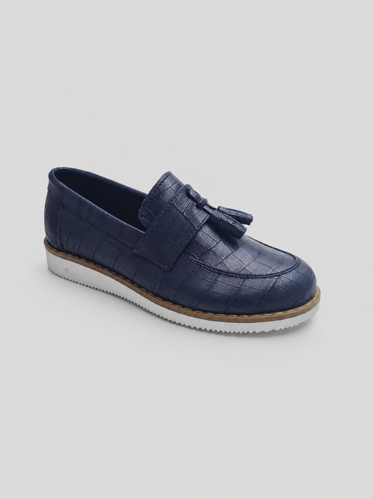 Erkek Çocuk Lacivert Kroko Loafer Ayakkabı - Fiyonklu Kaymaz Taban