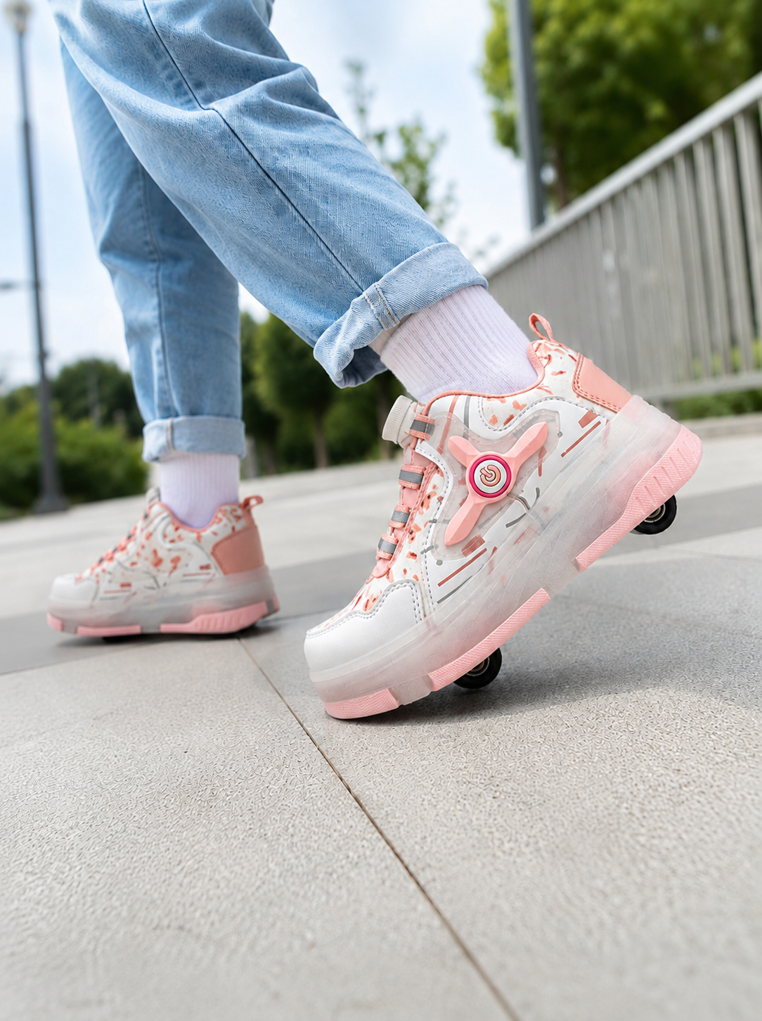 Kız Çocuk Işıklı Patenli Ayakkabı Pudra Pembe – Tak Çıkar Tekerlekli LED Spor Ayakkabı Otomatik Bağcıklı Sneaker