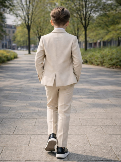Erkek Çocuk Bej Slim Fit 5’li Takım Elbise – Ceket, Yelek, Pantolon, Gömlek ve Papyon Set