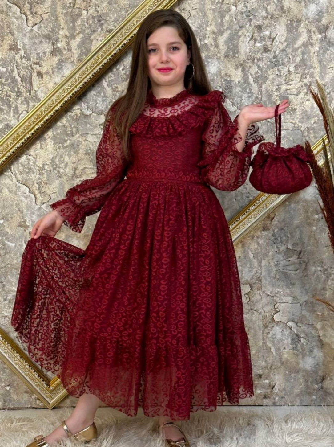 Kız Çocuk Nisa Model Tam Boy Çantalı Abiye Elbise