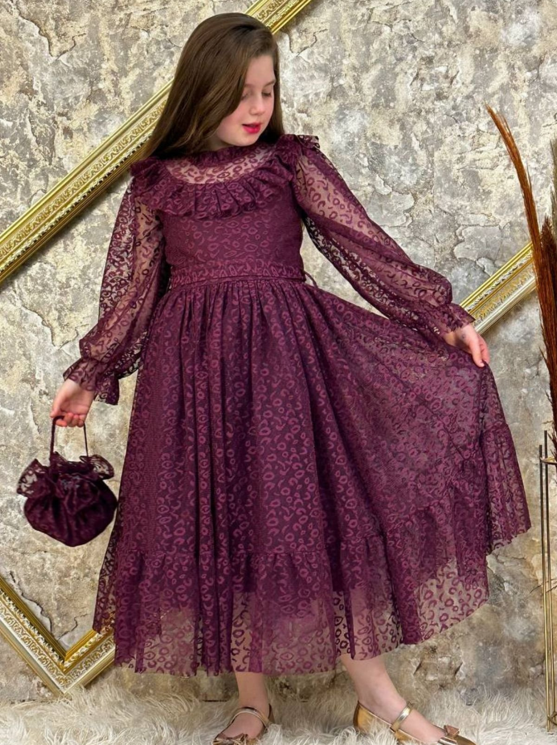 Kız Çocuk Nisa Model Tam Boy Çantalı Abiye Elbise