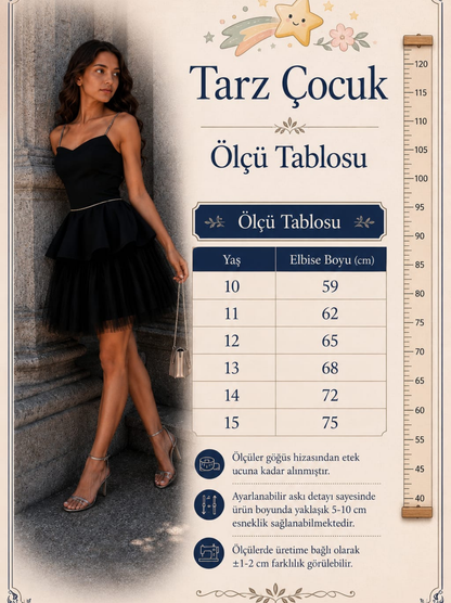 Kız Çocuk Siyah Tül Abiye Elbise – Askılı, Volan Detaylı Özel Gün Elbisesi