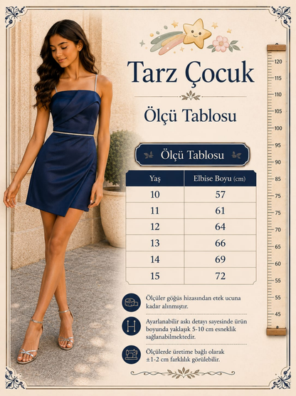 Kız Çocuk Lacivert Askılı Özel Gün Elbisesi – Şık Mini Kesim Davet Elbisesi (10-15 Yaş)