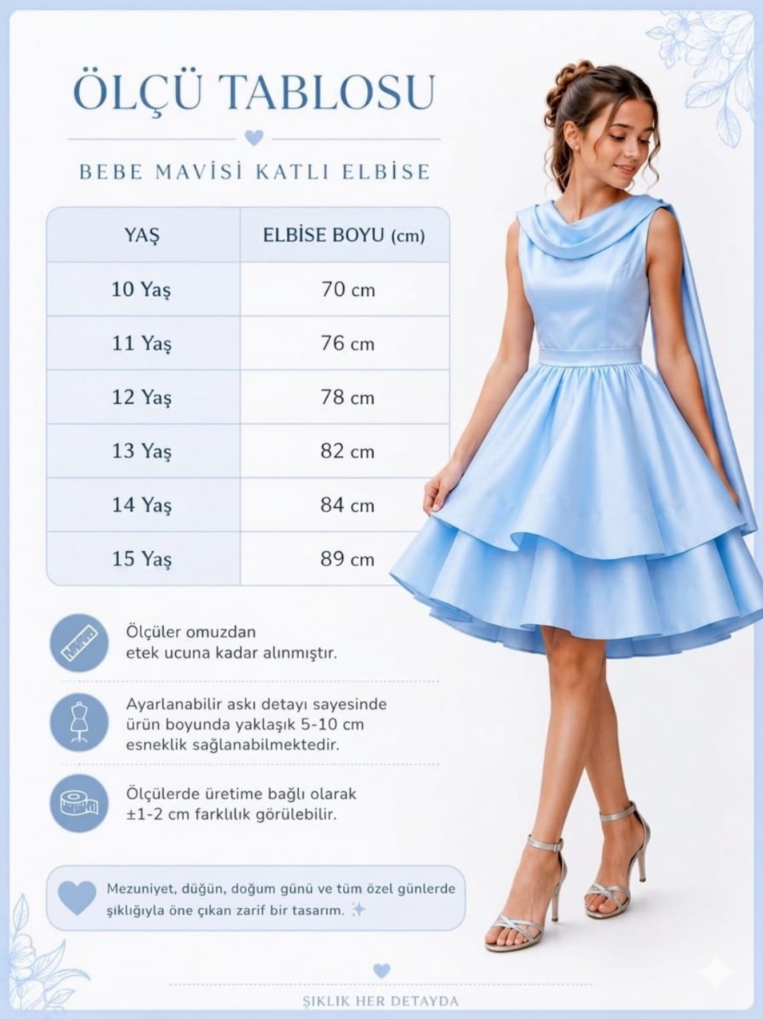 Kız Çocuk Bebe Mavisi Katlı Özel Gün Elbisesi – Şal Detaylı Şık Davet Elbisesi (10-15 Yaş)
