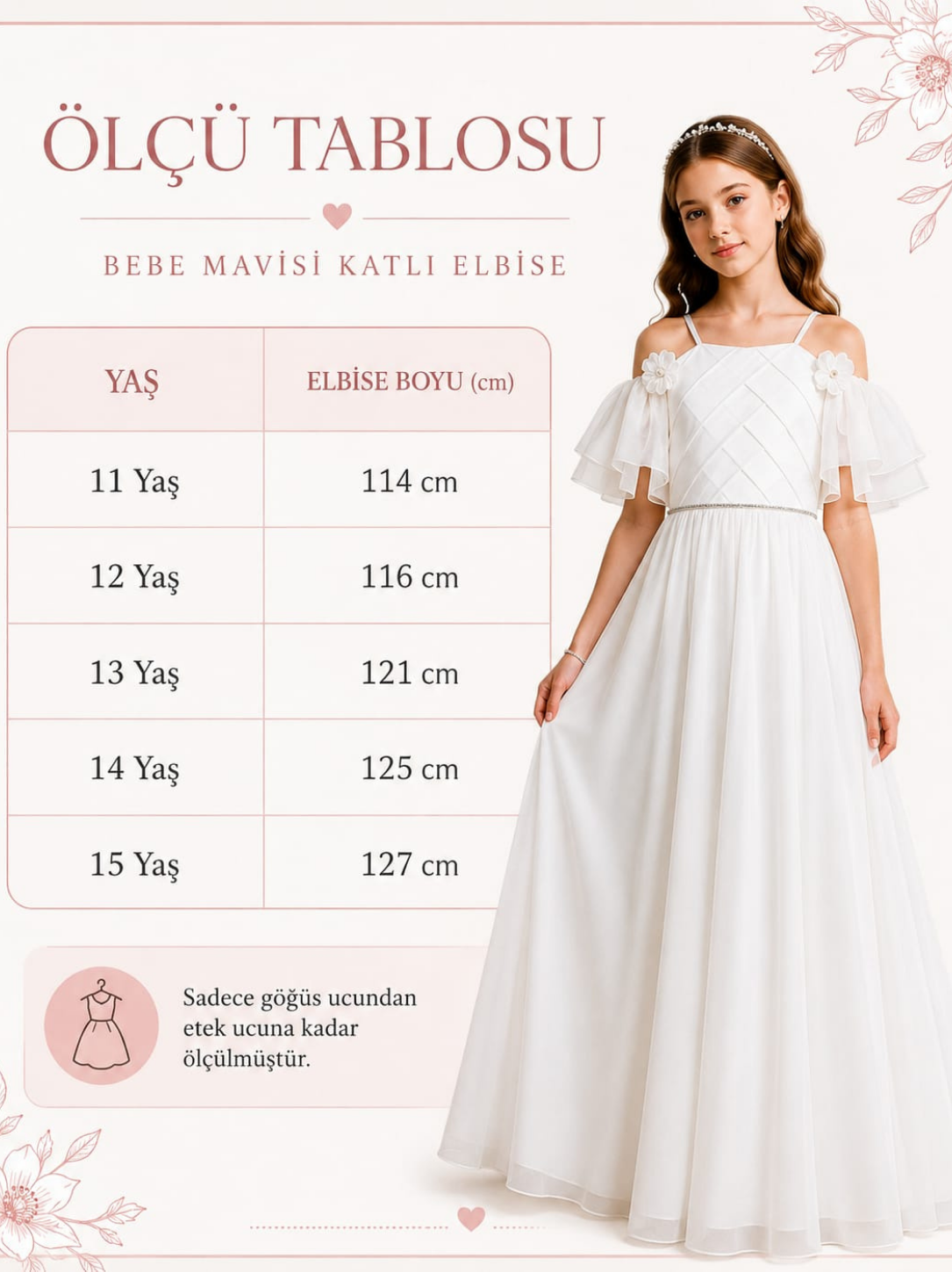 Kız Çocuk Bebe Mavisi Çiçek Detaylı Uzun Abiye Elbise – Omuz Açık Özel Gün Elbisesi (11-15 Yaş)