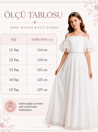 Kız Çocuk Bebe Mavisi Çiçek Detaylı Uzun Abiye Elbise – Omuz Açık Özel Gün Elbisesi (11-15 Yaş)