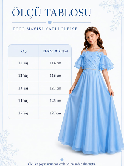Kız Çocuk Bebe Mavisi Çiçek Detaylı Uzun Abiye Elbise – Omuz Açık Özel Gün Elbisesi (11-15 Yaş)